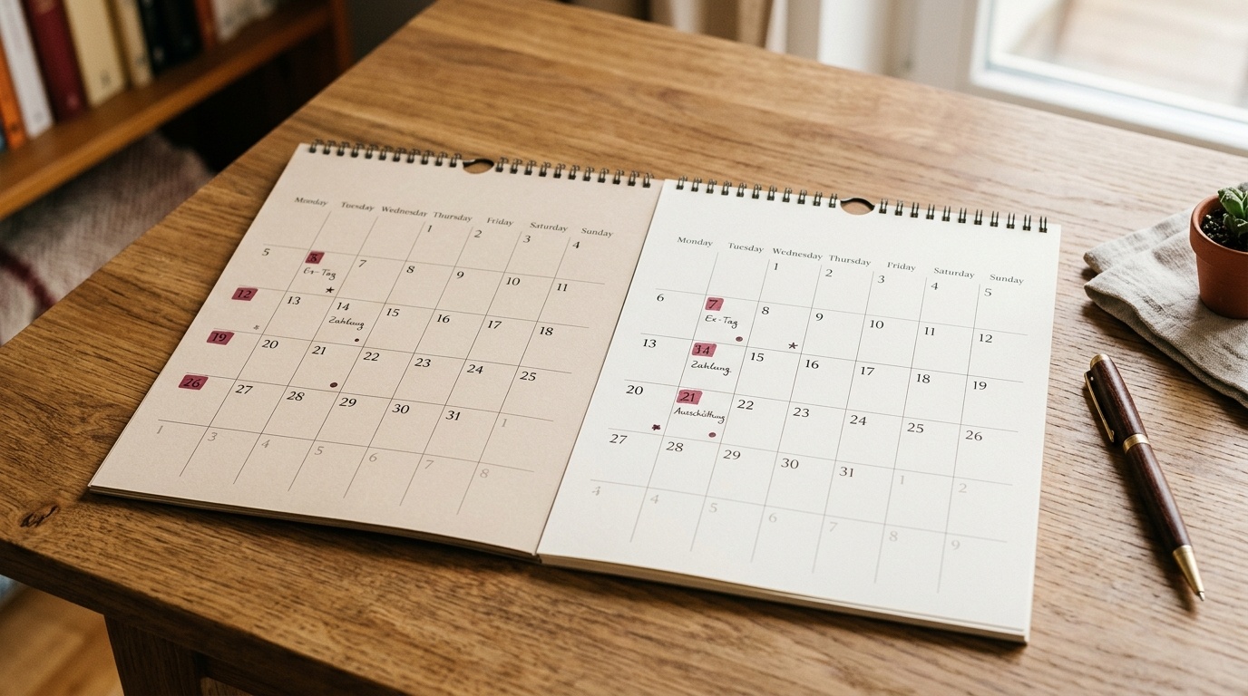 Aufgeschlagener Kalender mit markierten Terminen auf einem warmen Holztisch