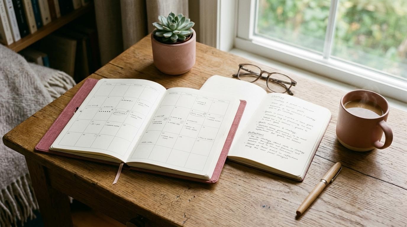 Aufsicht auf einen ruhigen Schreibtisch mit Kalender und Kaffeetasse