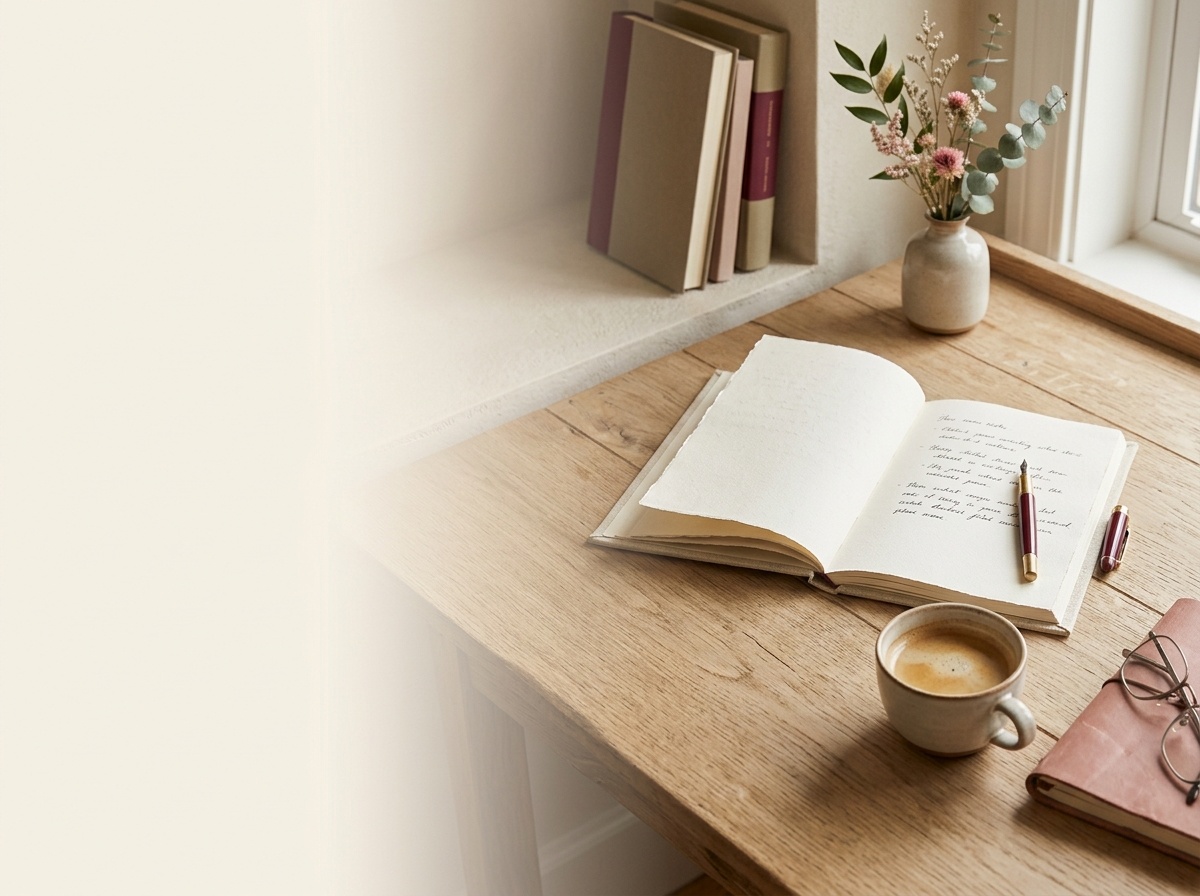 Mesa de trabajo serena con un cuaderno de notas y una taza de café en tonos crema cálidos
