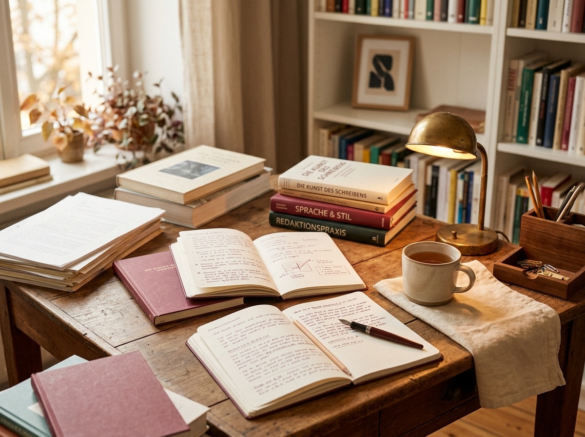Redaktioneller Arbeitsplatz mit aufgeschlagenen Notizen und Fachbüchern in warmem Tageslicht